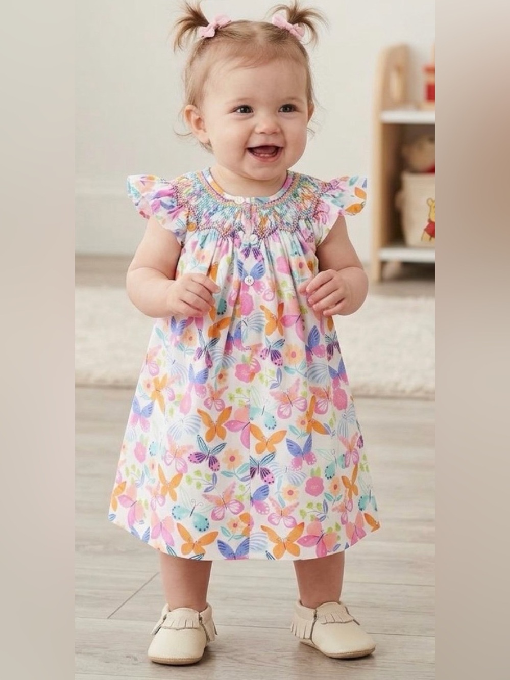 Mom & Me Butterfly Smocked Dress - White Multicolor,  SZ 12 months